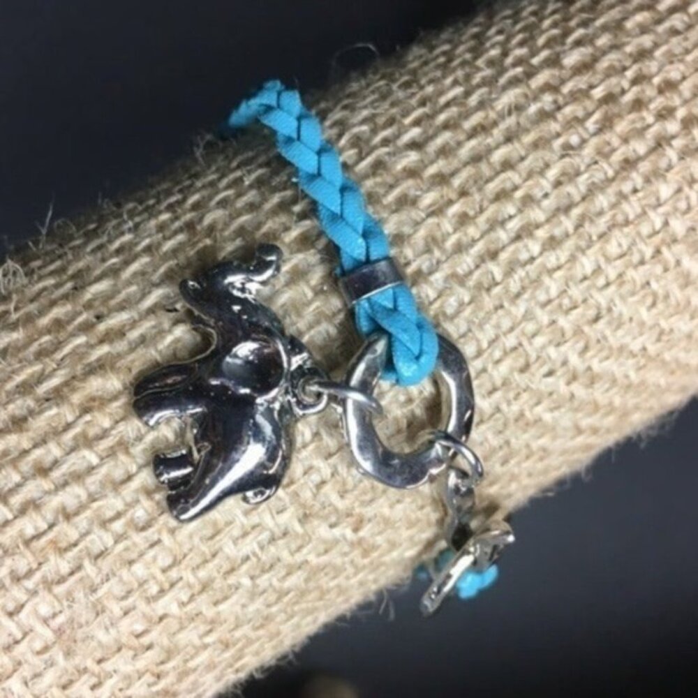 Elephant Charm Bracelet 7 In Silver Turquoise Braided Cord Retro BoHo Exotic
